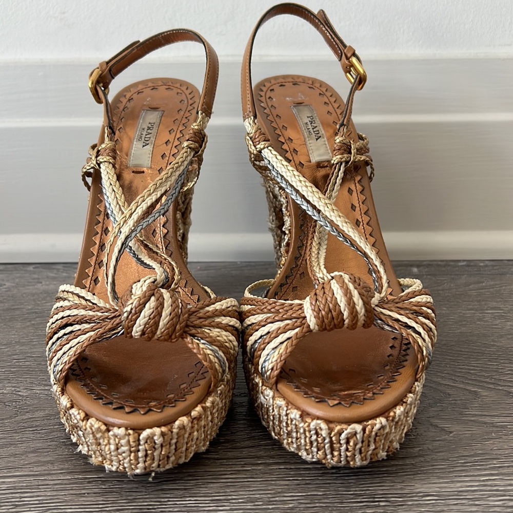 Prada Brown, Tan and Cream Braided Platform Sandals - Picture 4 of 14